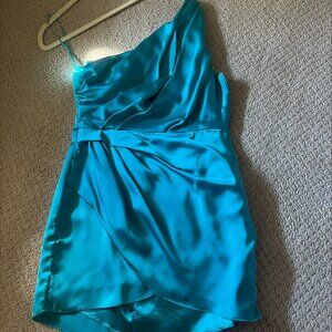 one shoulder mini teal dress
